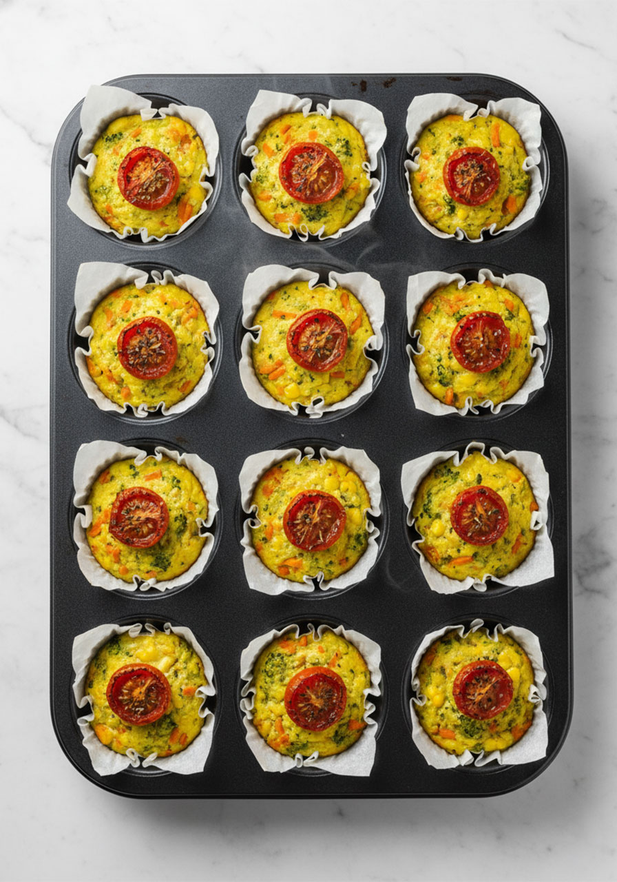 Freshly baked high protein vegan egg bites with tomato topping in a 12-cup muffin pan ready to serve
