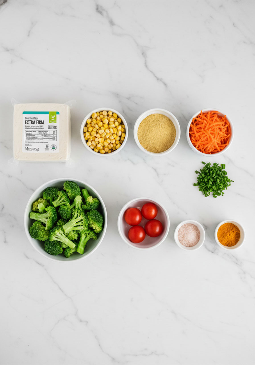 All ingredients for high protein vegan egg bites including tofu, broccoli, corn, carrots, and spices laid out on white marble