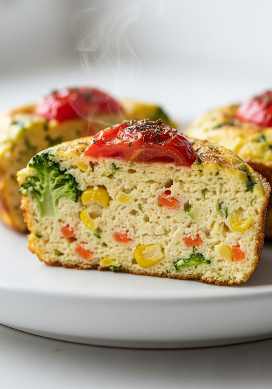 Close-up cross-section of a vegan egg bite showing fluffy tofu interior with broccoli, carrots, and corn
