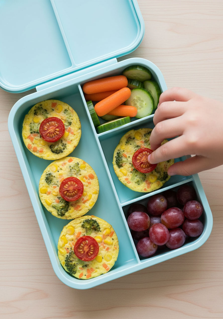 Vegan egg bites packed in a kids lunchbox with vegetables and fruit as a healthy high-protein finger food