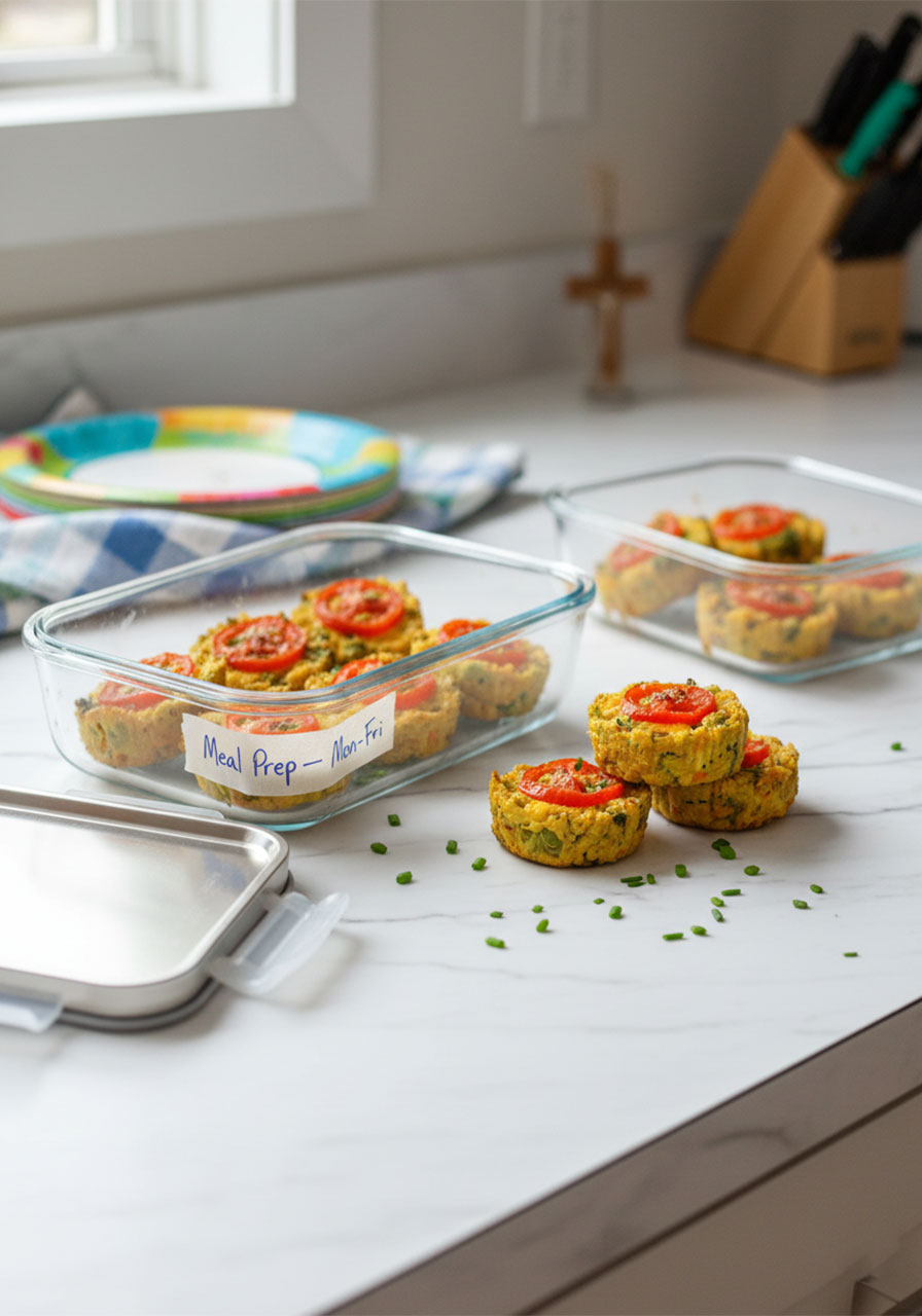 High protein vegan egg bites portioned into glass meal prep containers labeled for the week