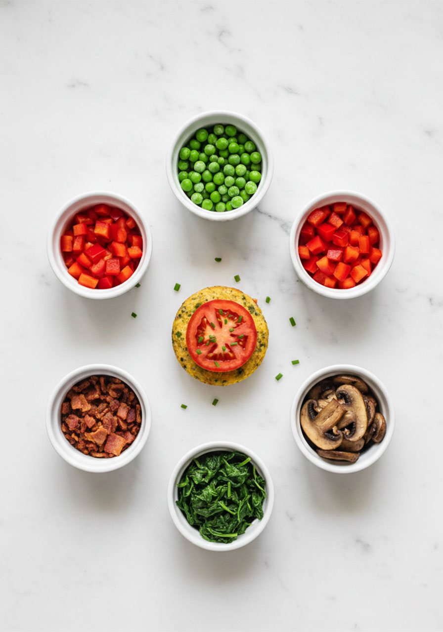 Flat lay showing veggie variation swap options for vegan egg bites including peas, red pepper, mushrooms, and spinach