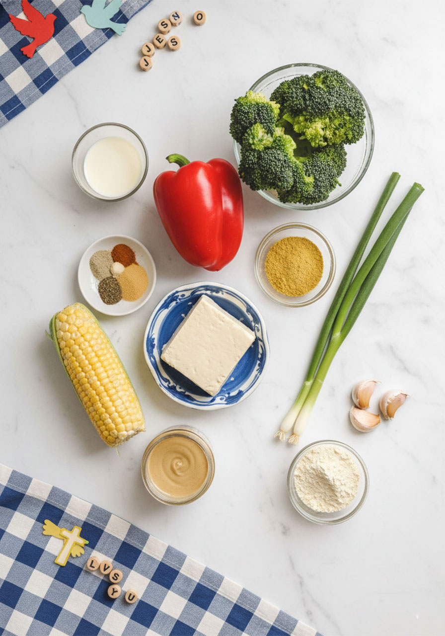 Flat lay of vegan egg muffin ingredients including medium firm tofu, broccoli, red bell pepper, corn, nutritional yeast, chickpea flour, tahini, and spices on white marble