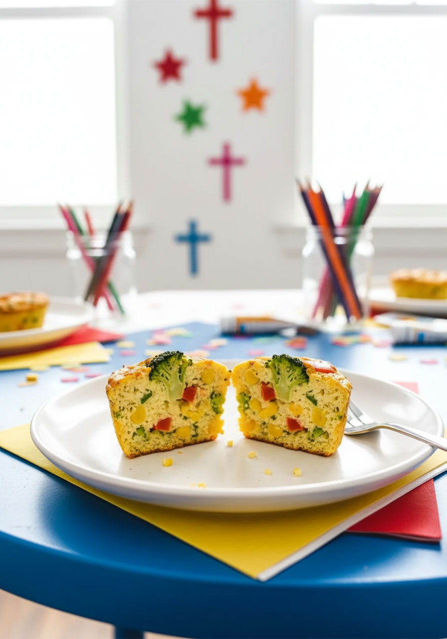 Cross-section of a vegan egg muffin broken in half revealing firm tofu interior with broccoli, red bell pepper, and corn — egg-free gluten-free breakfast texture detail