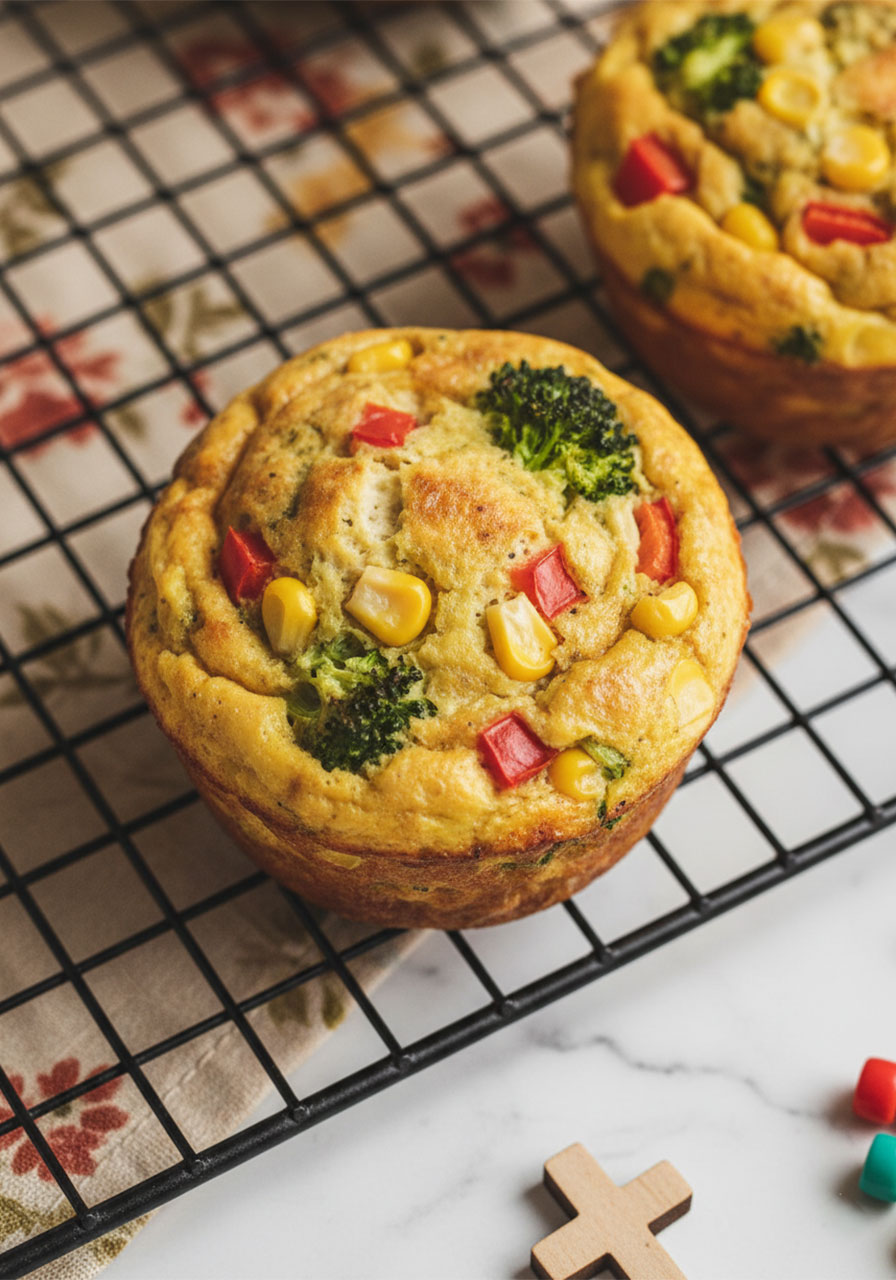 Close-up of two vegan egg muffins cooling on a wire rack showing golden caramelized tofu crust with broccoli, red bell pepper, and corn texture detail