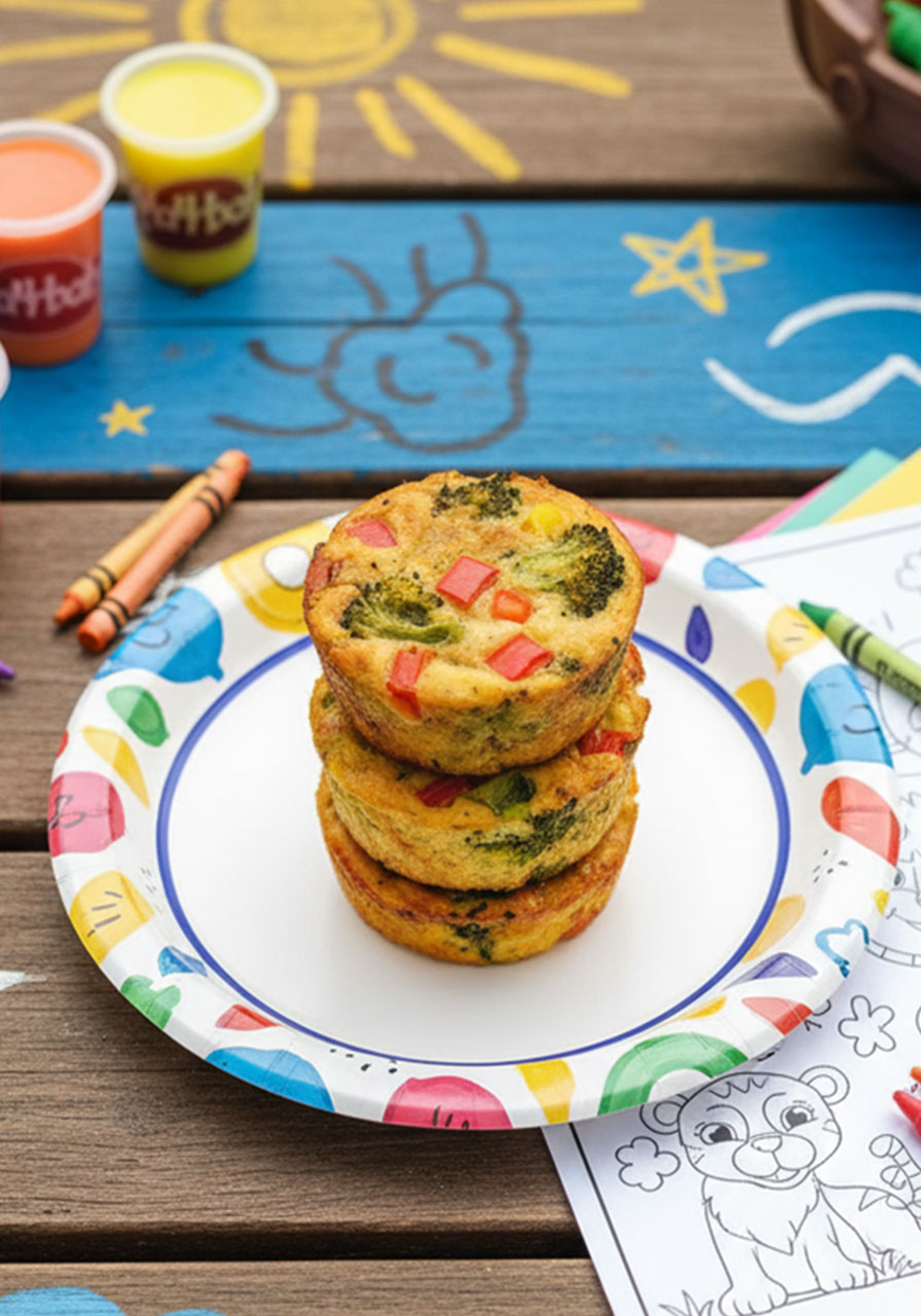 Three golden-brown vegan egg muffins on a white plate with broccoli, red bell pepper, and corn, high protein gluten-free breakfast meal prep