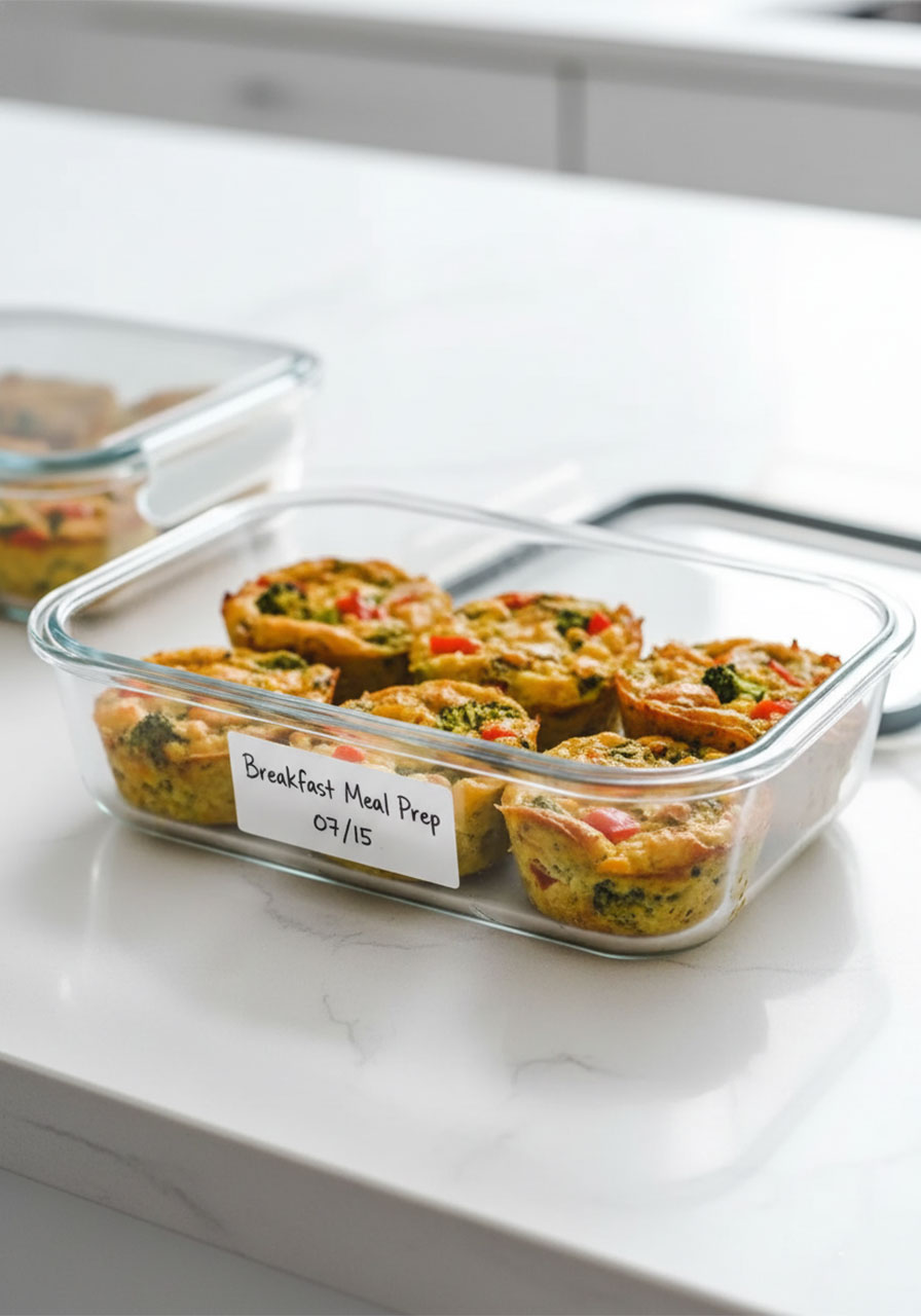 Four vegan egg muffins stored in a glass meal prep container labeled for the week, showing egg-free gluten-free breakfast meal prep ready for the fridge