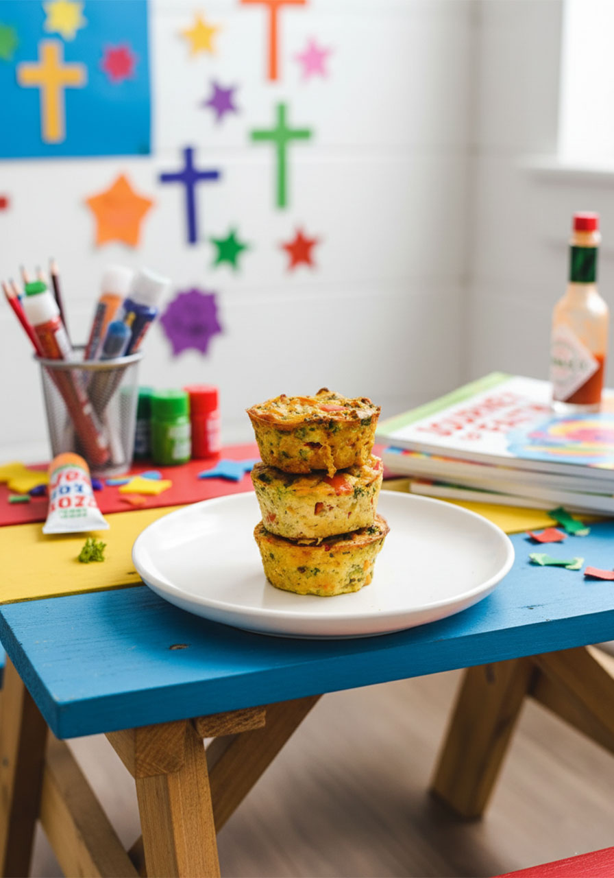 Three vegan egg muffins stacked on a white plate showing golden caramelized tofu crust with broccoli, red bell pepper, and corn — high protein gluten-free egg-free breakfast