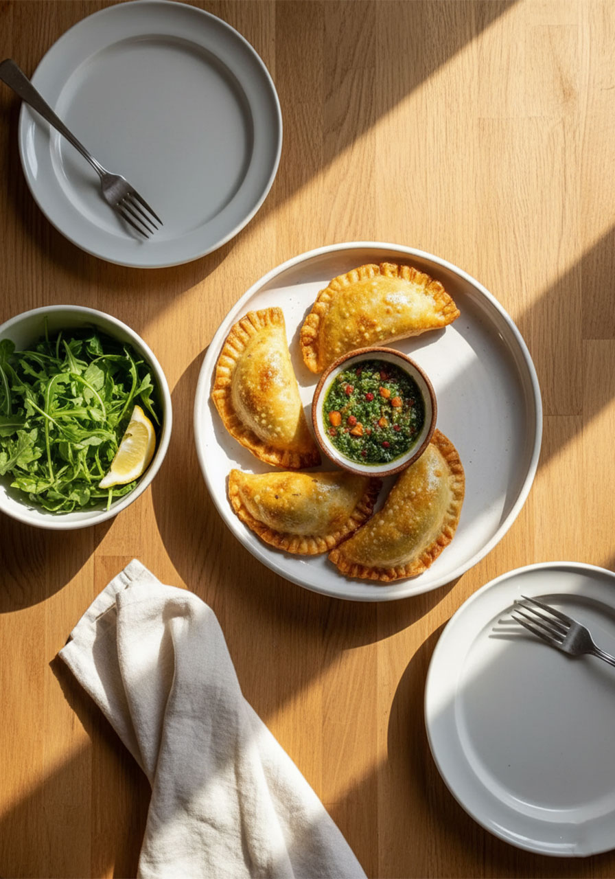 Vegan lentil empanadas served with arugula salad and chimichurri sauce as a complete plant-based dinner