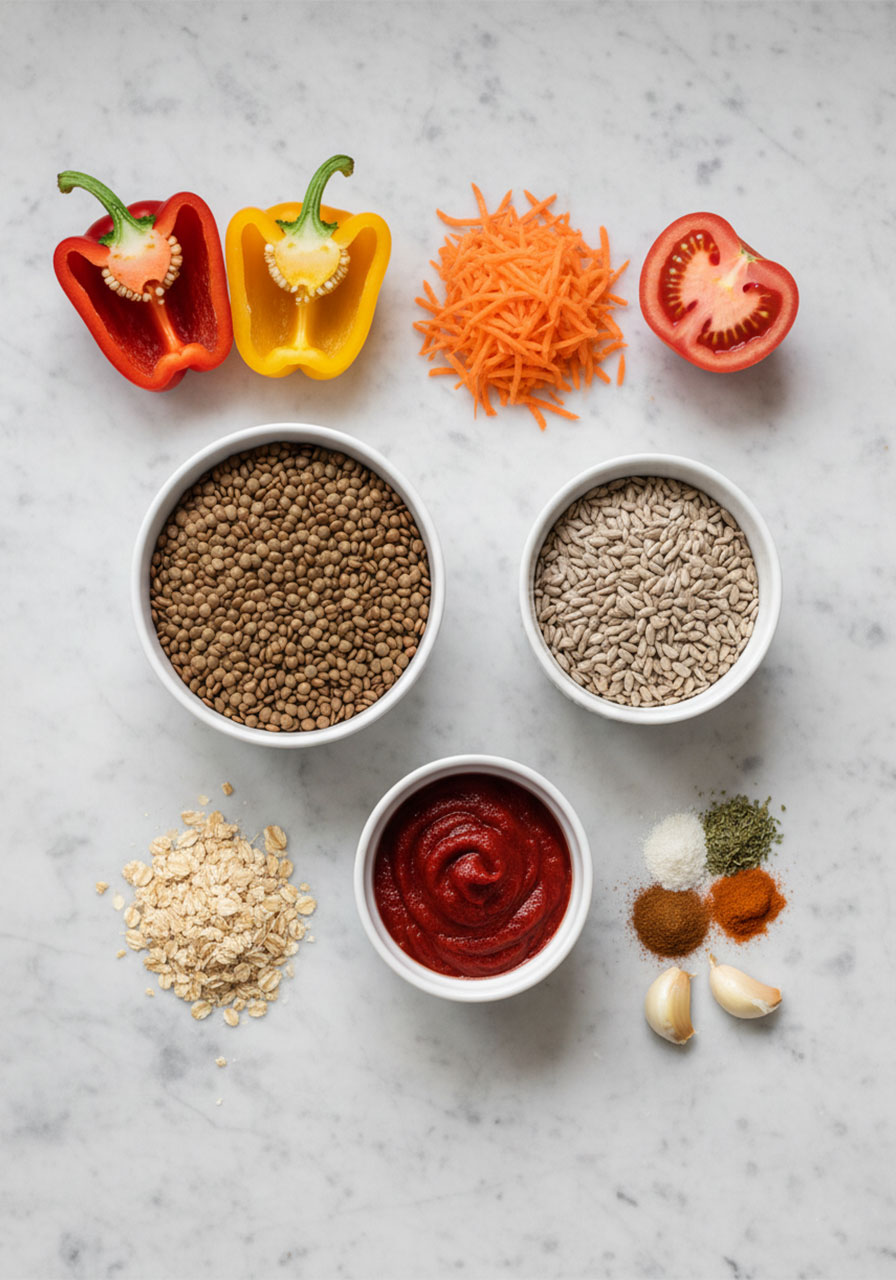 Flat lay of vegan lentil enchilada filling ingredients including brown lentils, bell peppers, sunflower seeds, oats, and spices
