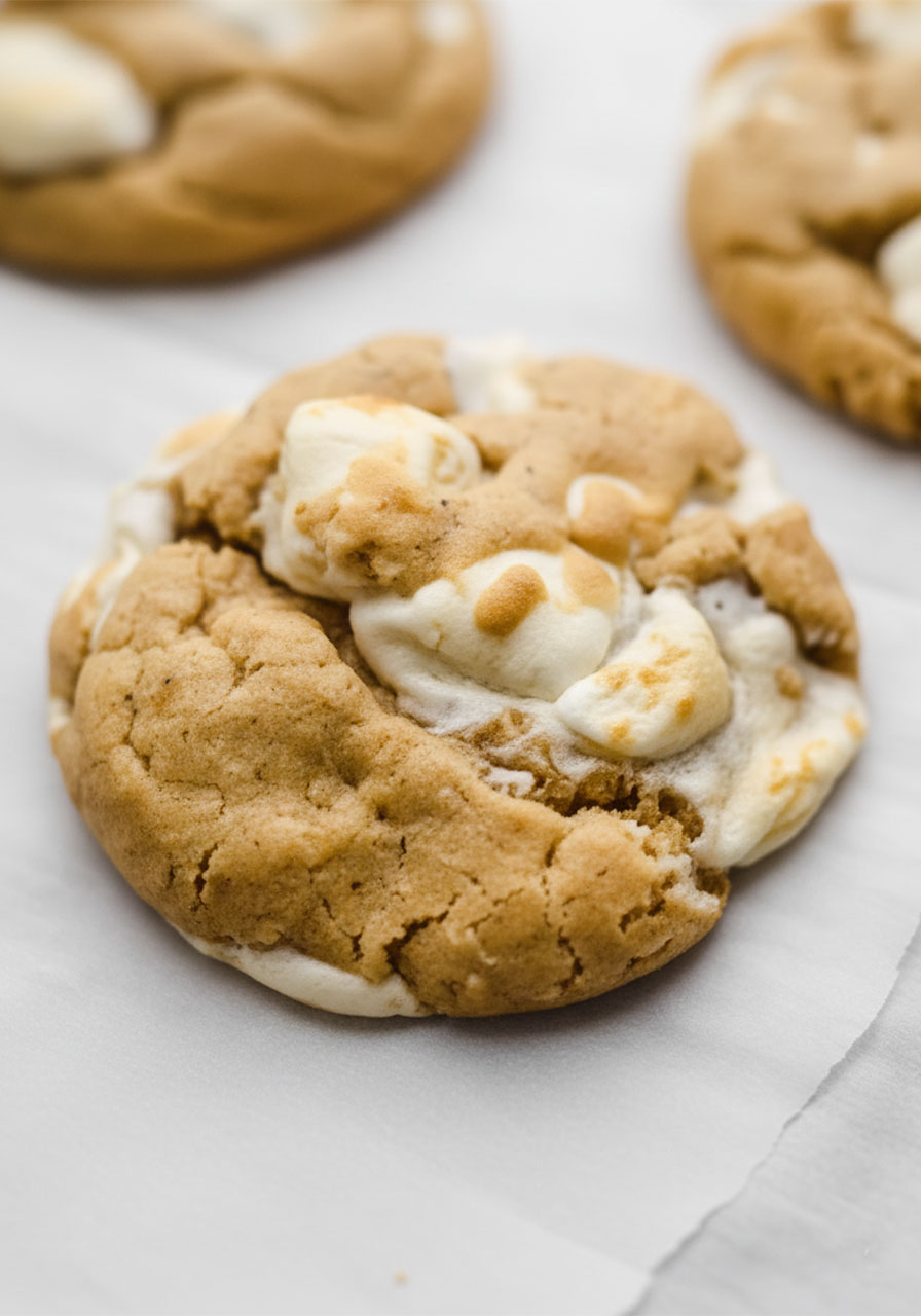 Close-up of single vegan fluffernutter cookie showing toasted marshmallow pockets and golden peanut butter cookie surface