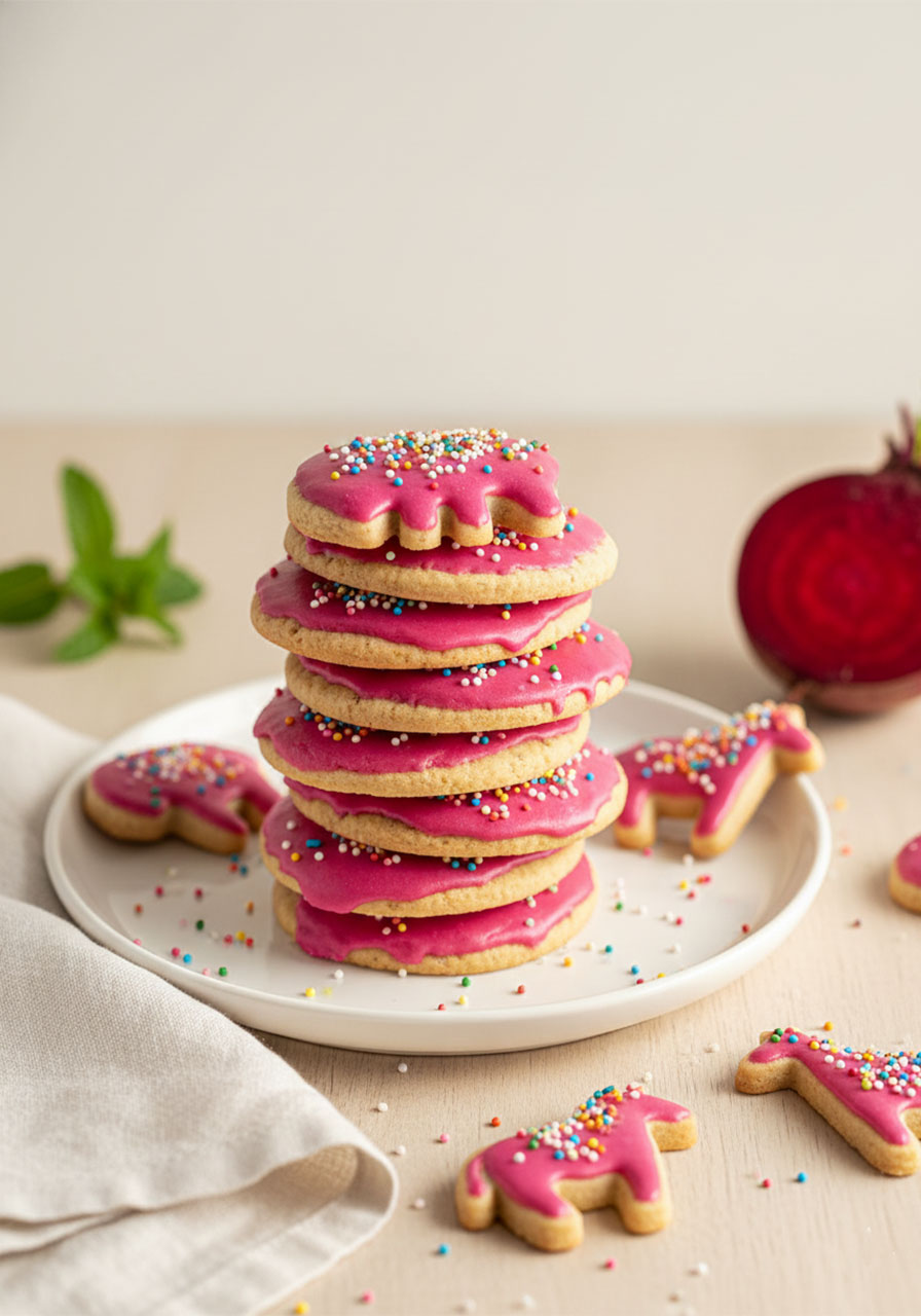 Vegan frosted animal crackers with natural pink beet glaze and rainbow sprinkles on white plate for dairy-free homemade treat