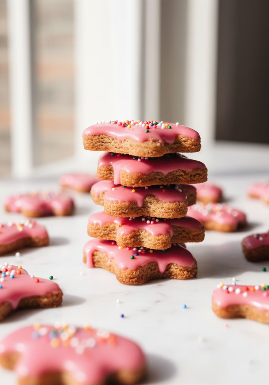 Homemade vegan frosted animal crackers with pink beet glaze and rainbow sprinkles stacked on marble surface