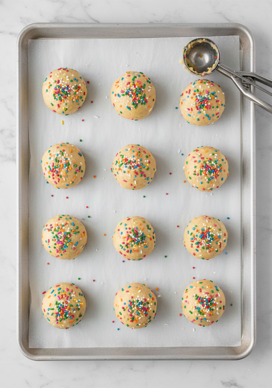 Twelve vegan funfetti sugar cookie dough balls scooped onto a parchment-lined baking sheet ready to bake, spaced 2 inches apart