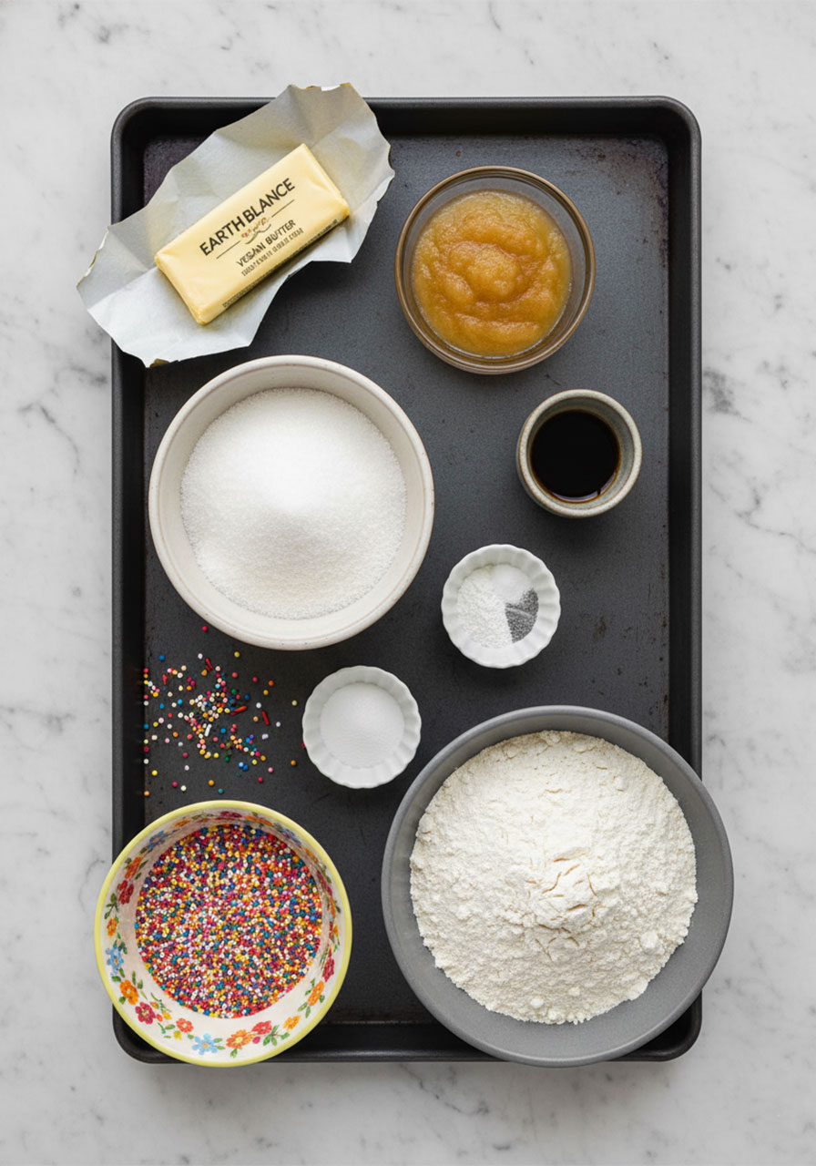 All ingredients for vegan funfetti sugar cookies laid out on a baking sheet including vegan butter, apple sauce, gluten free flour, and rainbow sprinkles