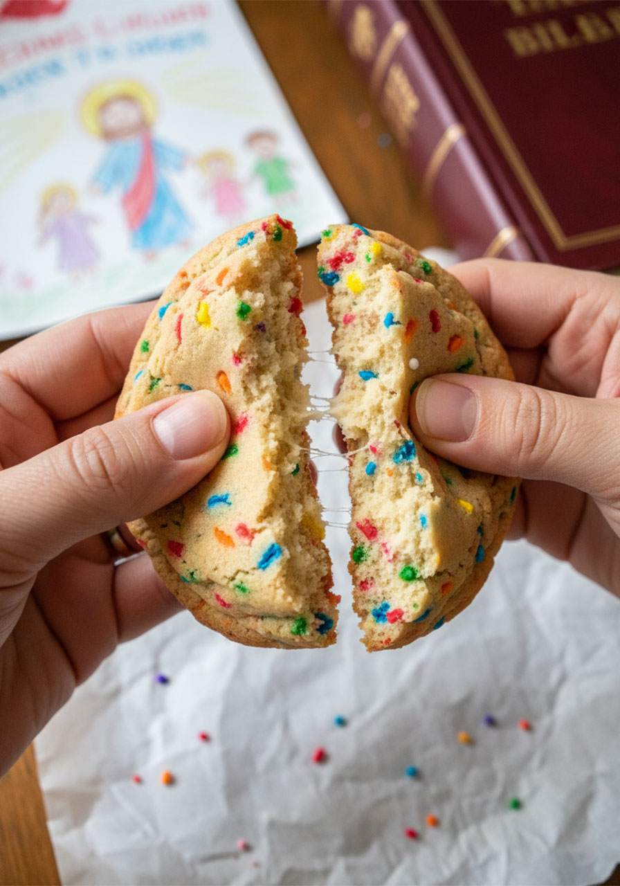 Vegan funfetti sugar cookie pulled apart showing soft fluffy interior crumb with colorful sprinkles throughout