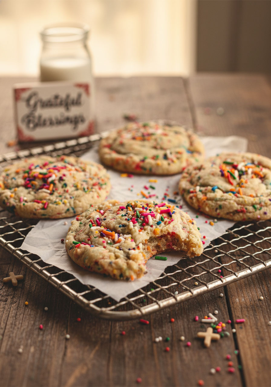 Vegan funfetti sugar cookies with rainbow sprinkles cooling on a wire rack, one with a bite taken out showing soft fluffy center