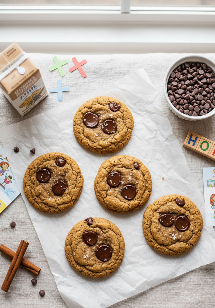 Vegan gluten free banana bread cookies with dairy free chocolate chips and oat milk, ready to serve