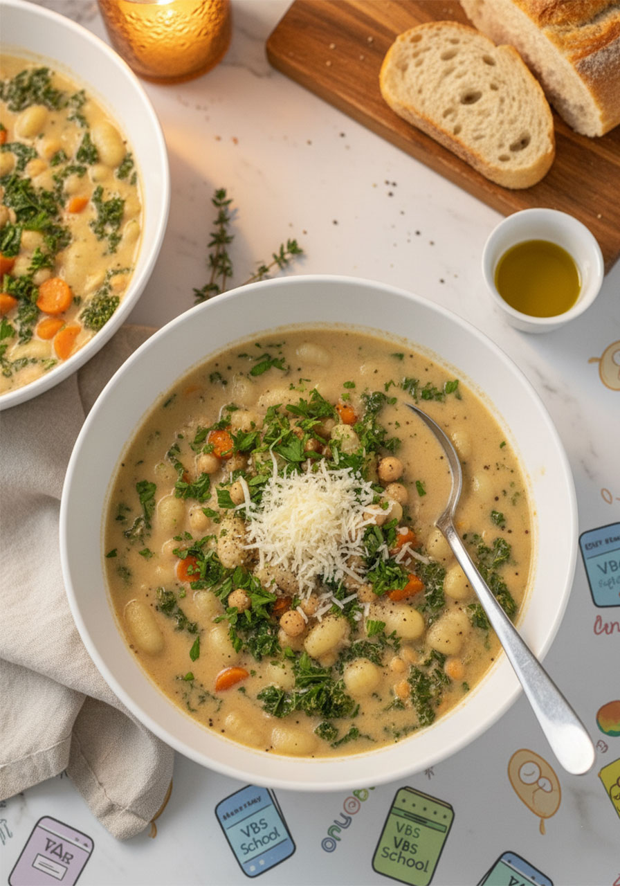 Cozy dinner table with bowls of creamy vegan chickpea gnocchi soup served with crusty bread