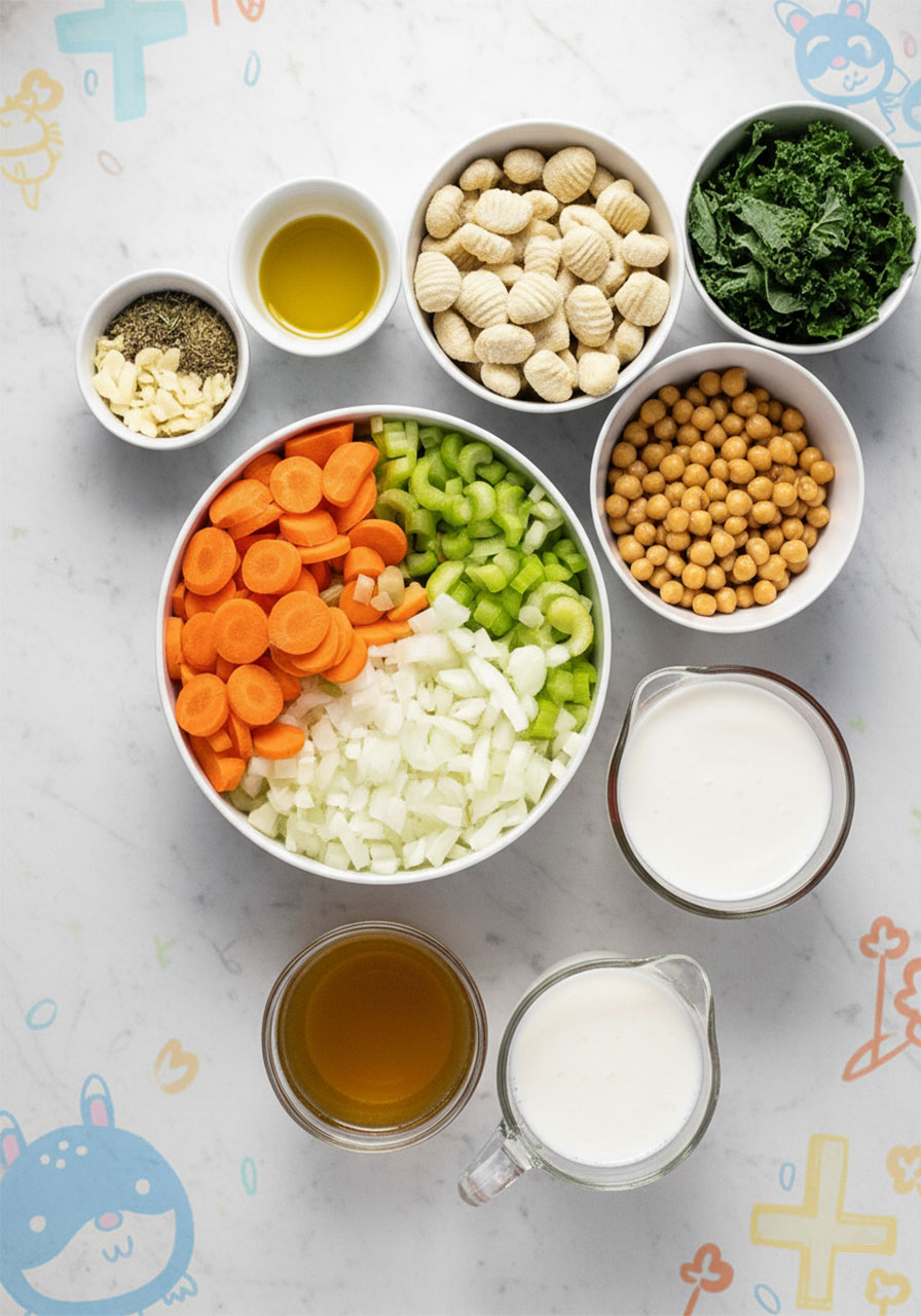 Flat lay of all ingredients for vegan chickpea gnocchi soup including gnocchi, chickpeas, kale, coconut milk, and vegetables