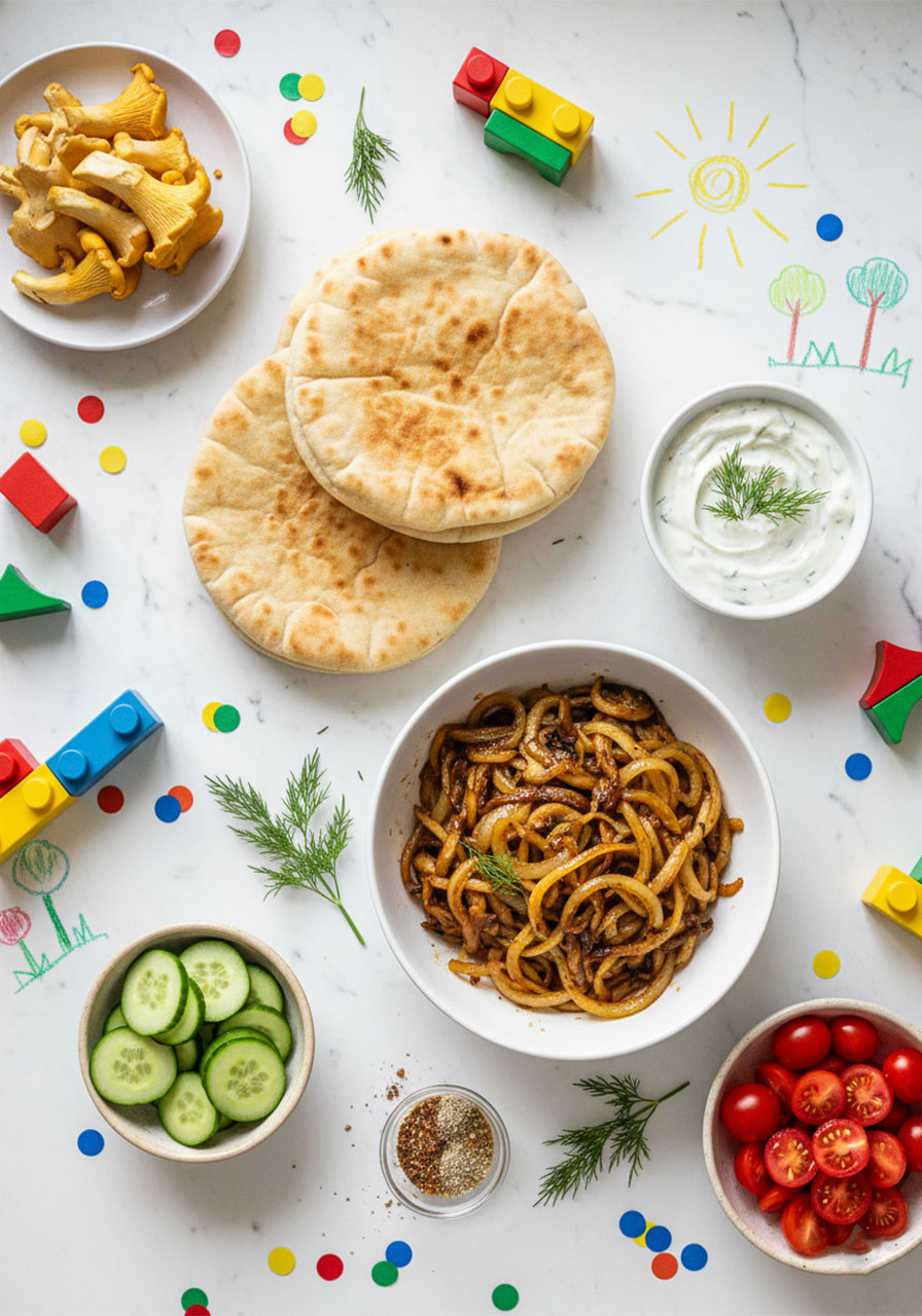 All vegan gyros ingredients laid out including oyster mushrooms, pita, tzatziki, cucumbers, tomatoes, fresh dill, and gyros spice blend