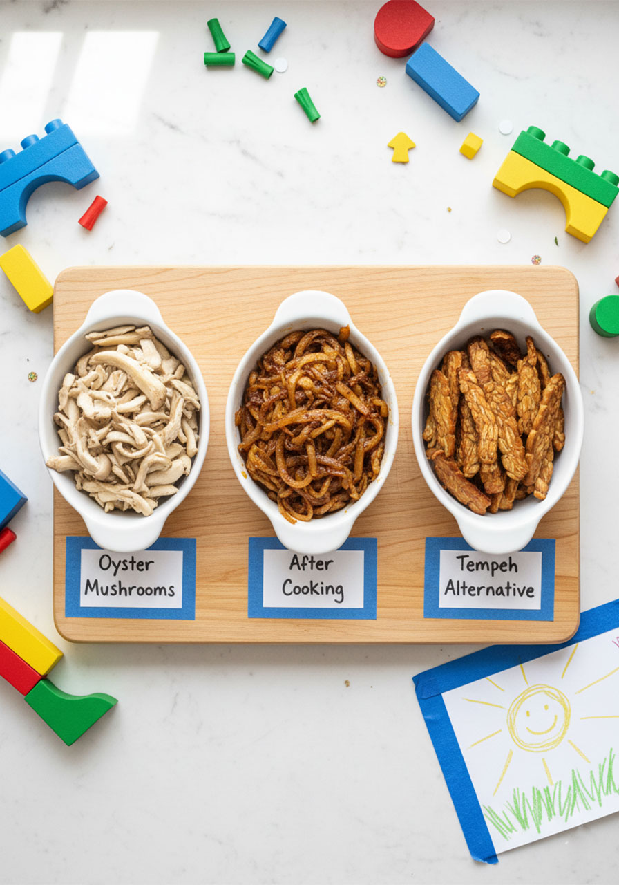Three vegan gyros meat substitute options compared — raw oyster mushrooms, cooked spiced mushrooms, and tempeh alternative