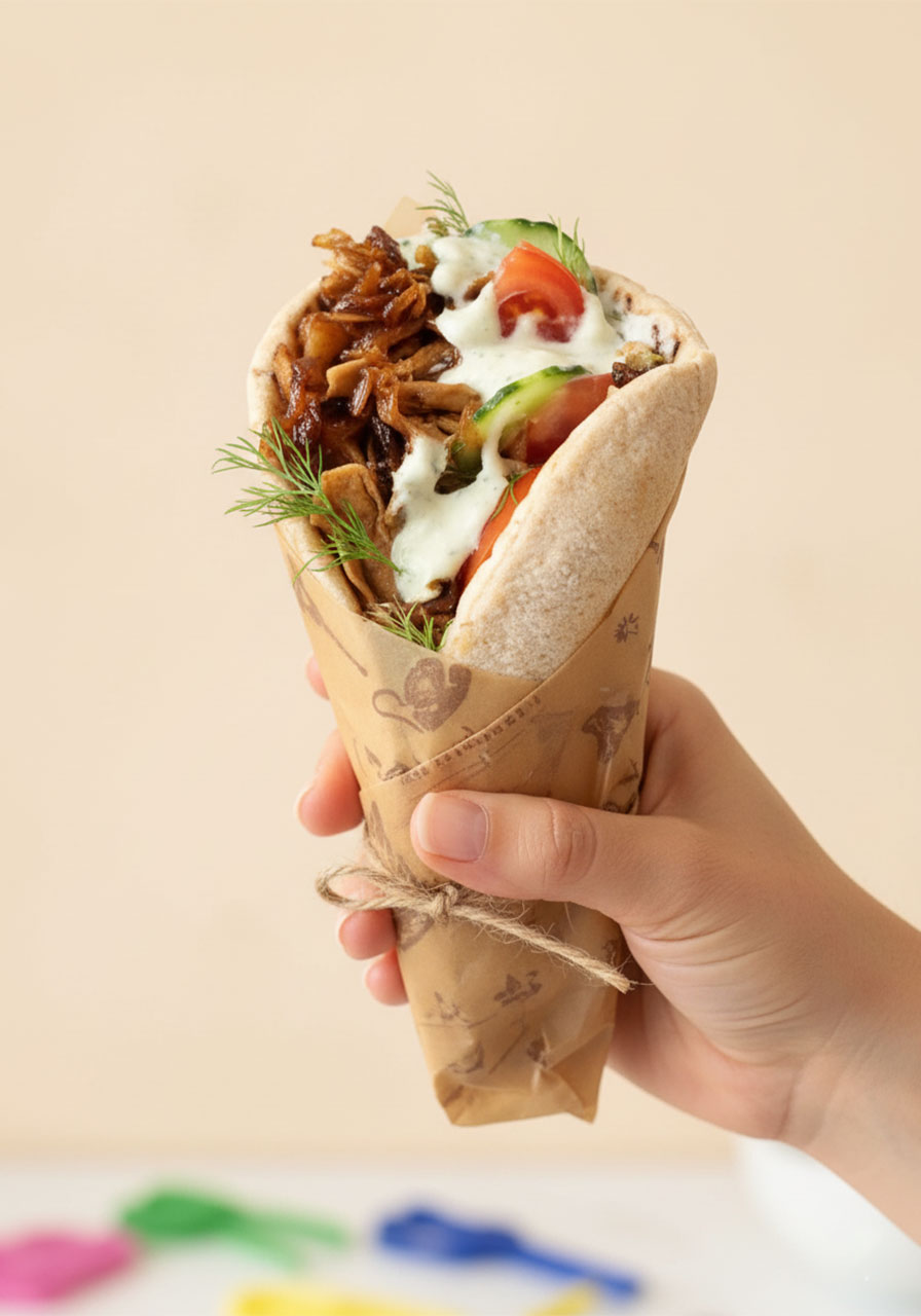 Vegan gyros recipe held in hand — easy high protein dinner idea with oyster mushrooms and tzatziki