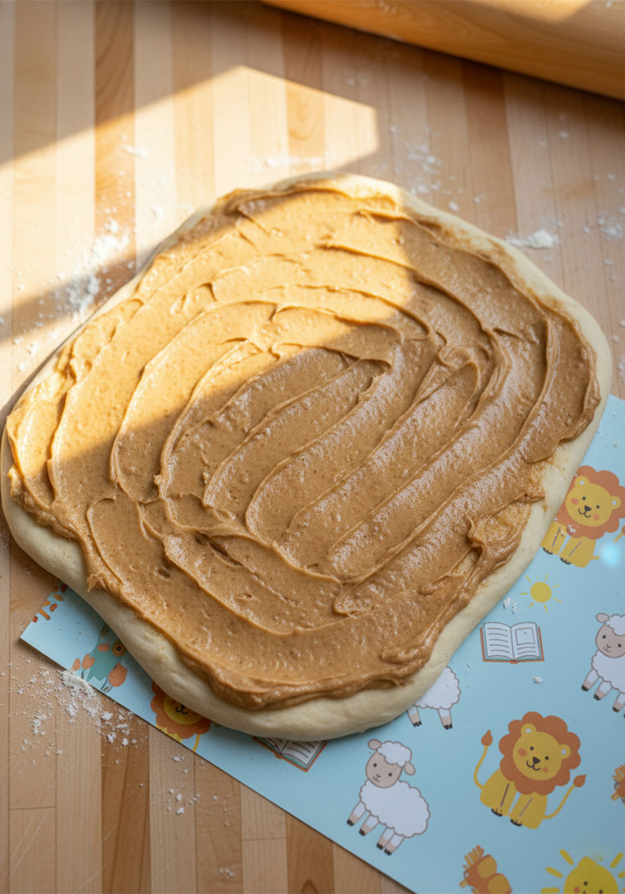 Cinnamon sugar filling evenly spread across rolled vegan honey bun dough rectangle