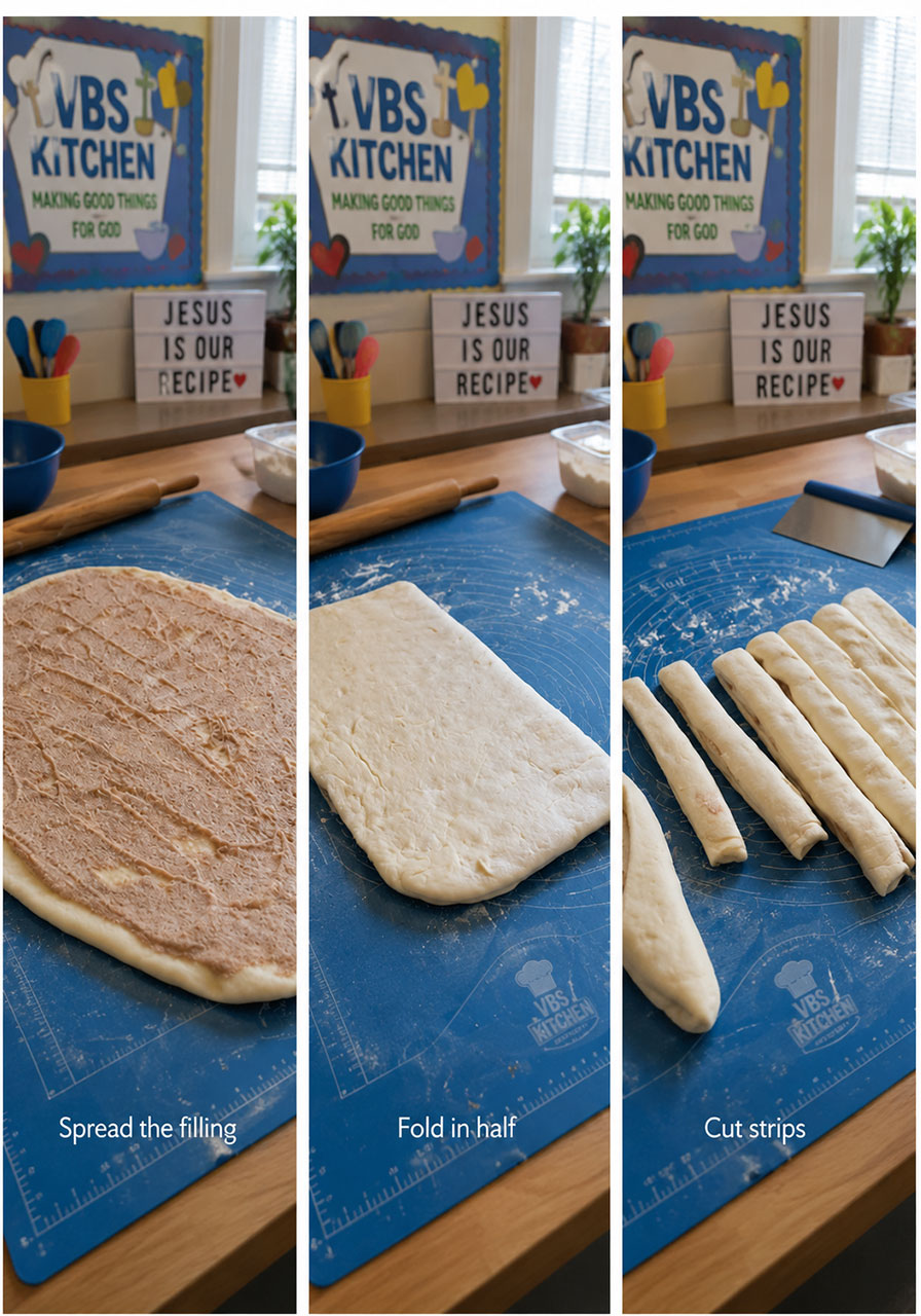 Vegan honey bun dough folded and cut into 12 strips with cinnamon filling visible