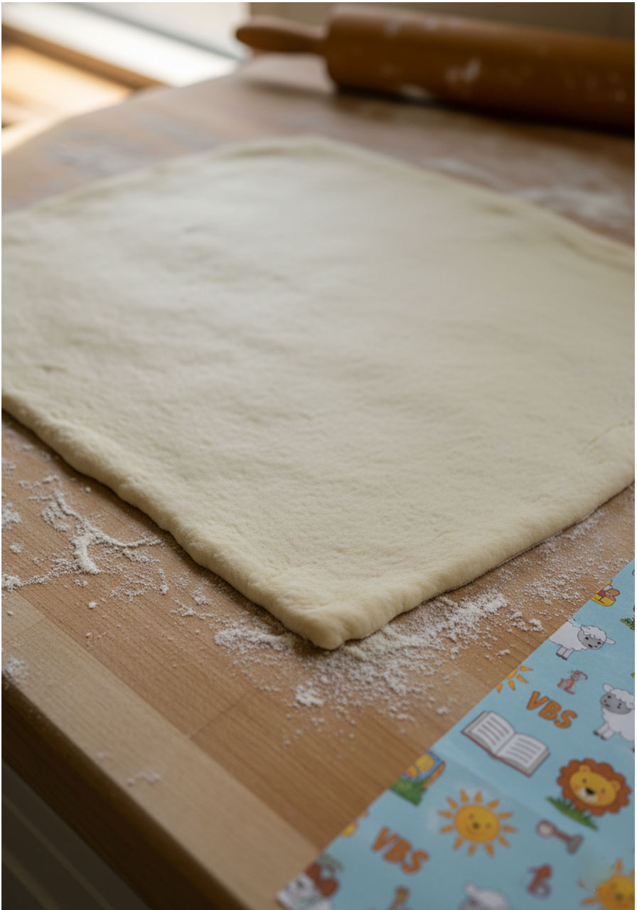 Vegan honey bun dough rolled into flat rectangle on floured surface before filling