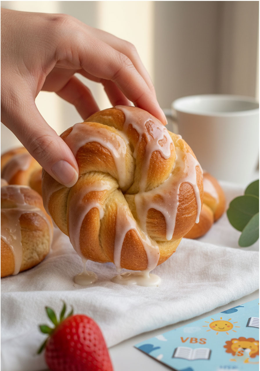 Woman's hand picking up a soft glazed vegan honey bun from white linen cloth