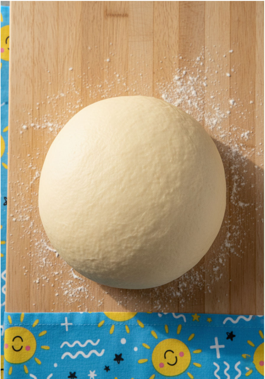 Smooth kneaded vegan honey bun dough ball on floured butcher block surface ready to rise