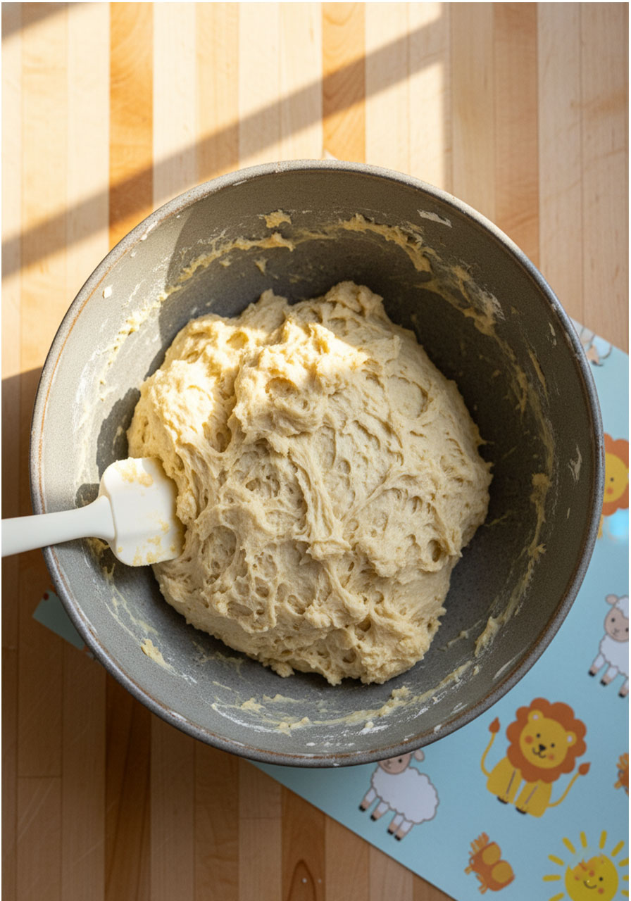 Shaggy vegan honey bun dough just mixed in a gray ceramic bowl before kneading