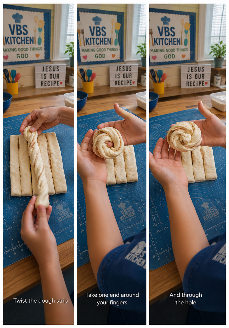 Step-by-step photos showing how to twist and knot vegan honey bun dough strips