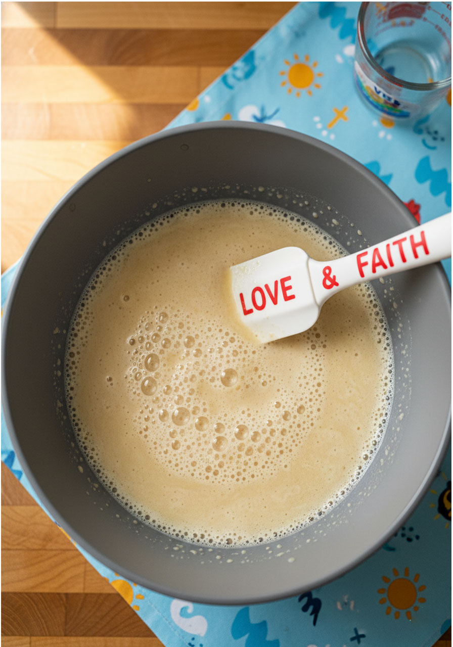 Foamy yeast activating in oat milk and agave mixture in gray ceramic bowl