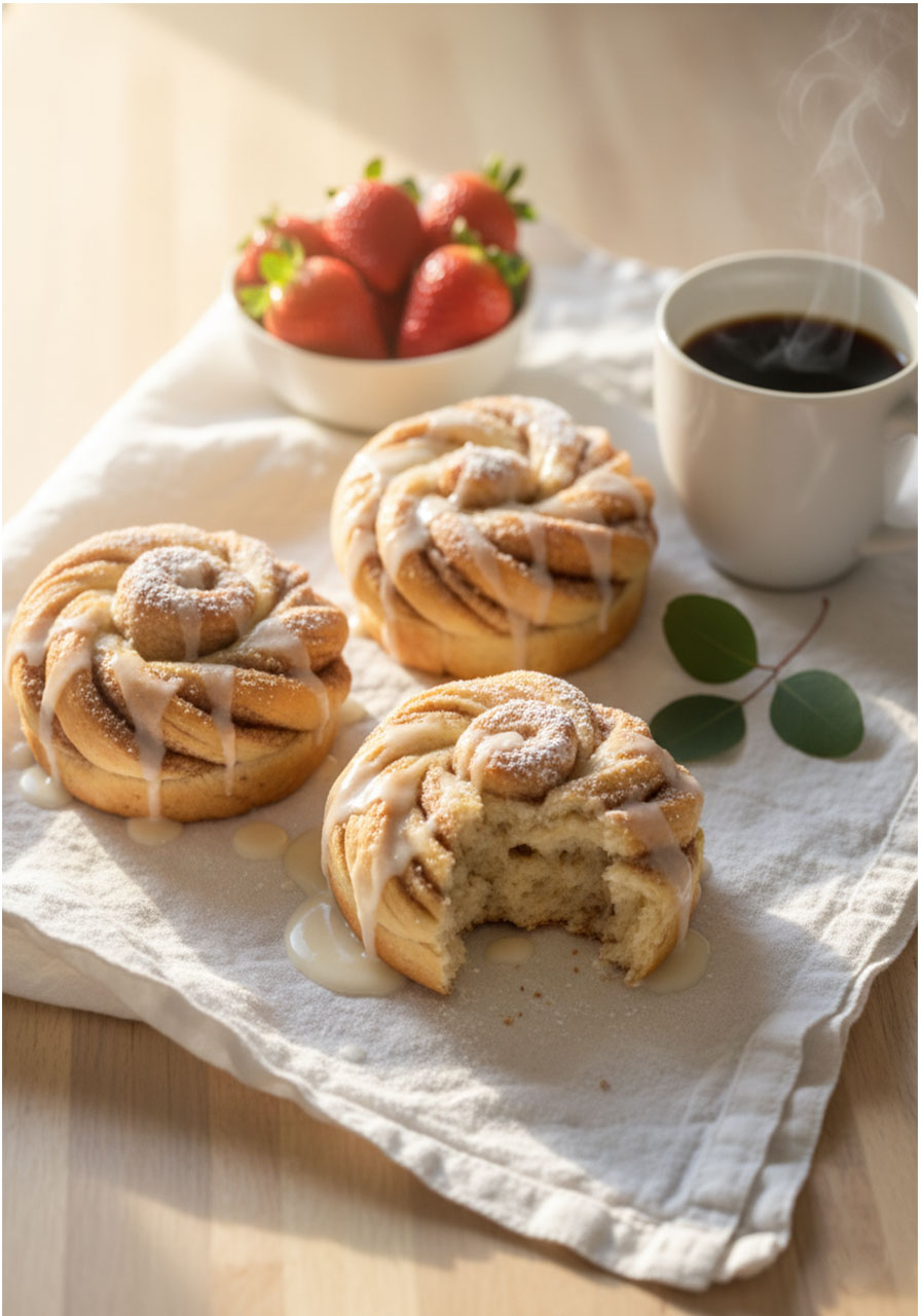 Vegan honey buns on white linen brunch table with coffee and fresh strawberries