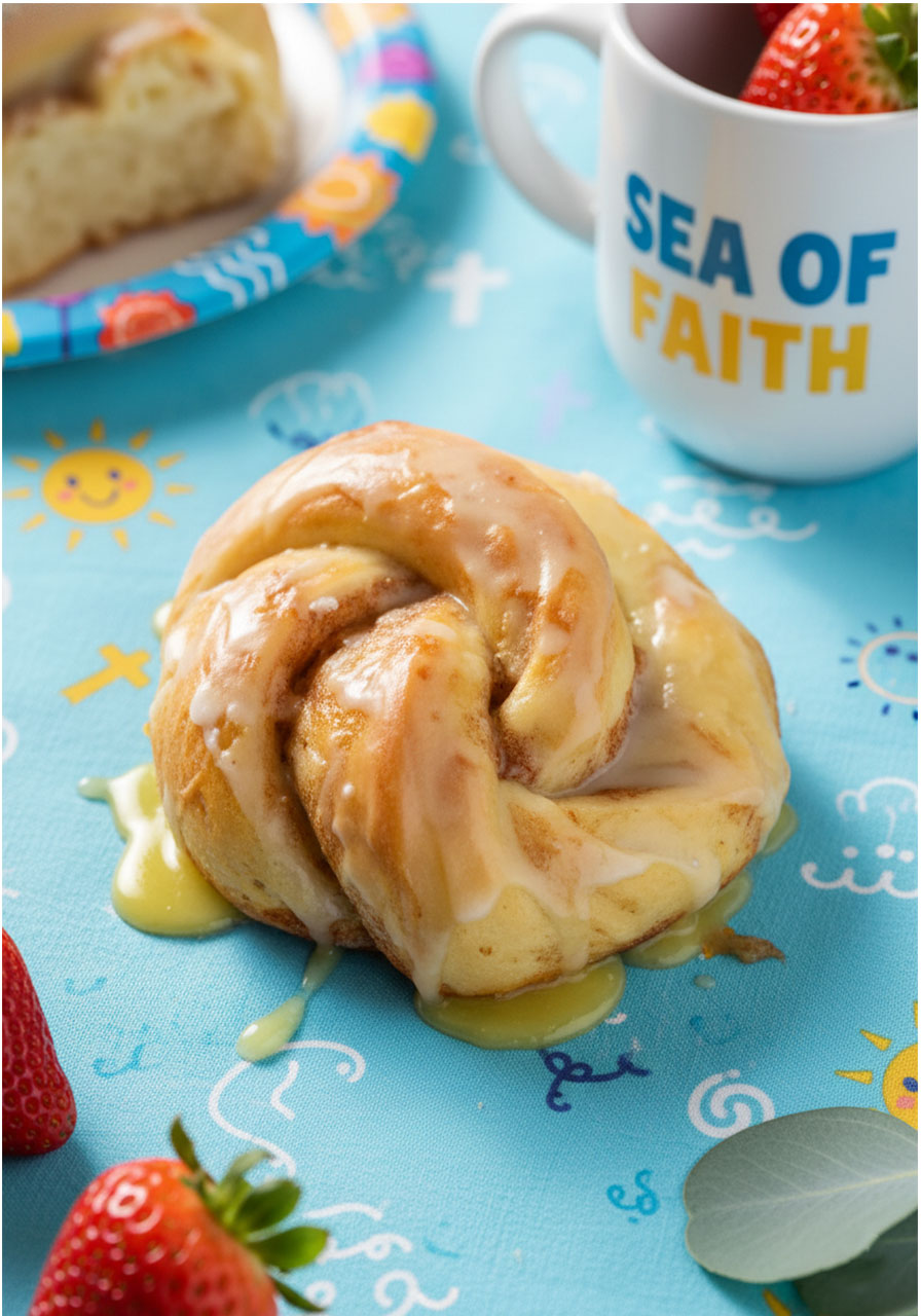 Soft vegan honey bun with crackly white glaze and cinnamon swirl, on white linen cloth