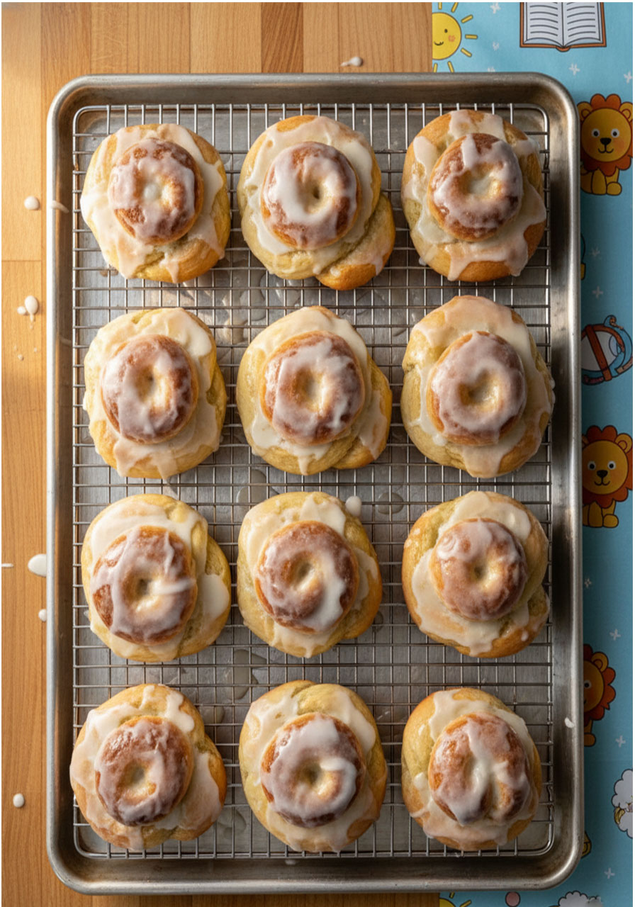 Full batch of 12 glazed vegan honey buns on wire cooling rack after baking