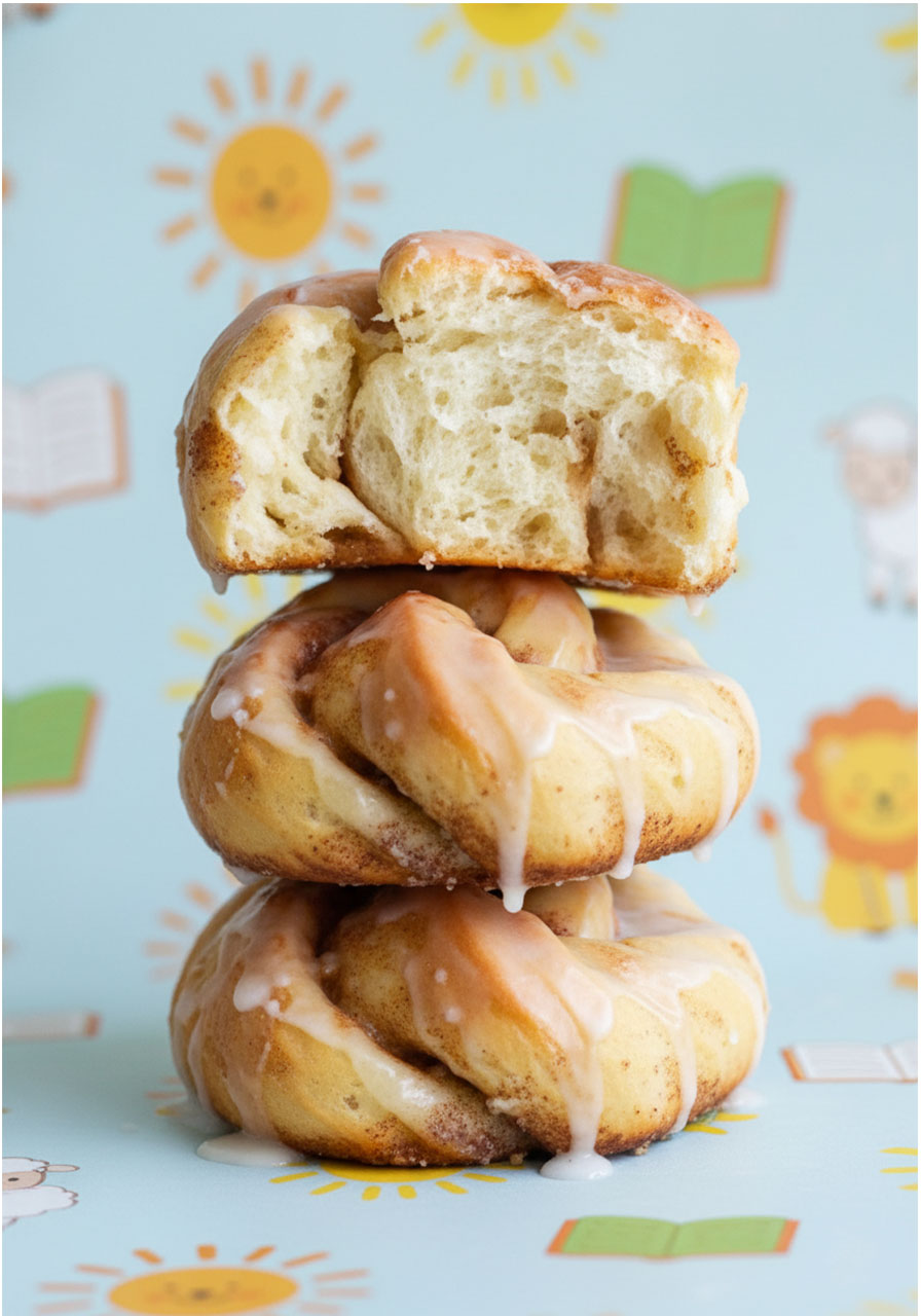 Torn vegan honey bun showing soft fluffy crumb and cinnamon filling layers inside