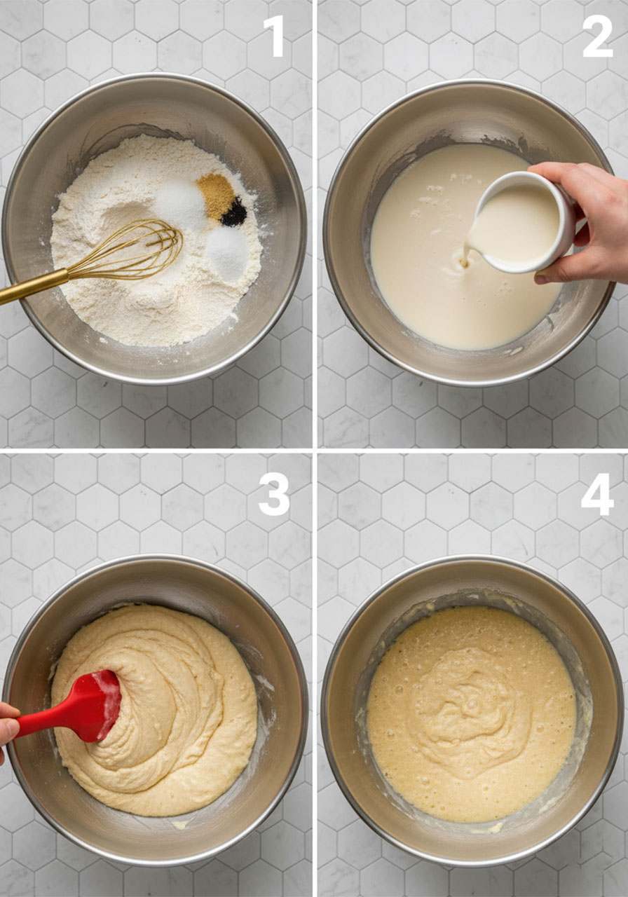 Four-step grid showing vegan Japanese pancake batter preparation: whisking dry ingredients, adding coconut milk buttermilk, folding with spatula, and finished lumpy batter