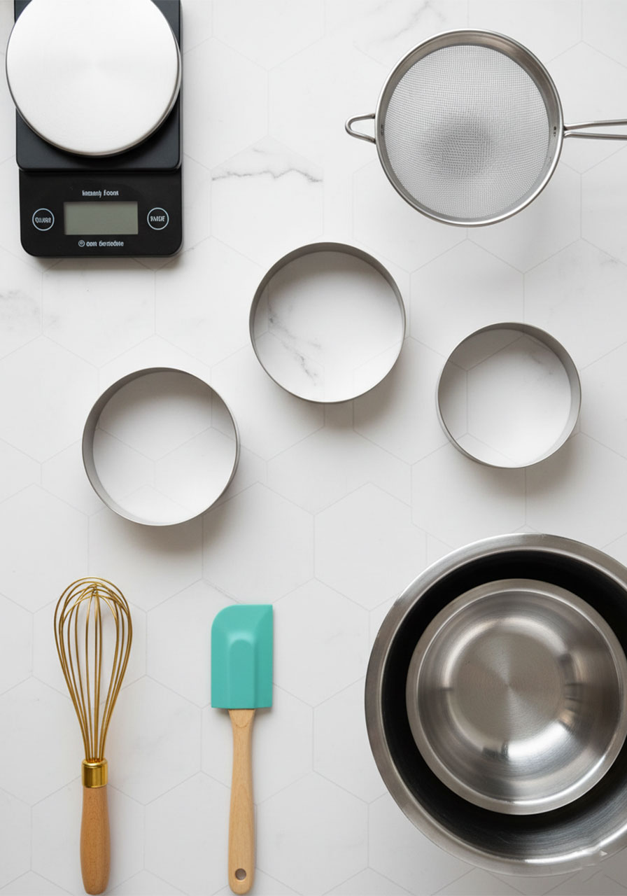 Equipment needed for fluffy vegan Japanese pancakes including stainless steel ring molds, kitchen scale, sifter, whisk, and spatula on marble surface