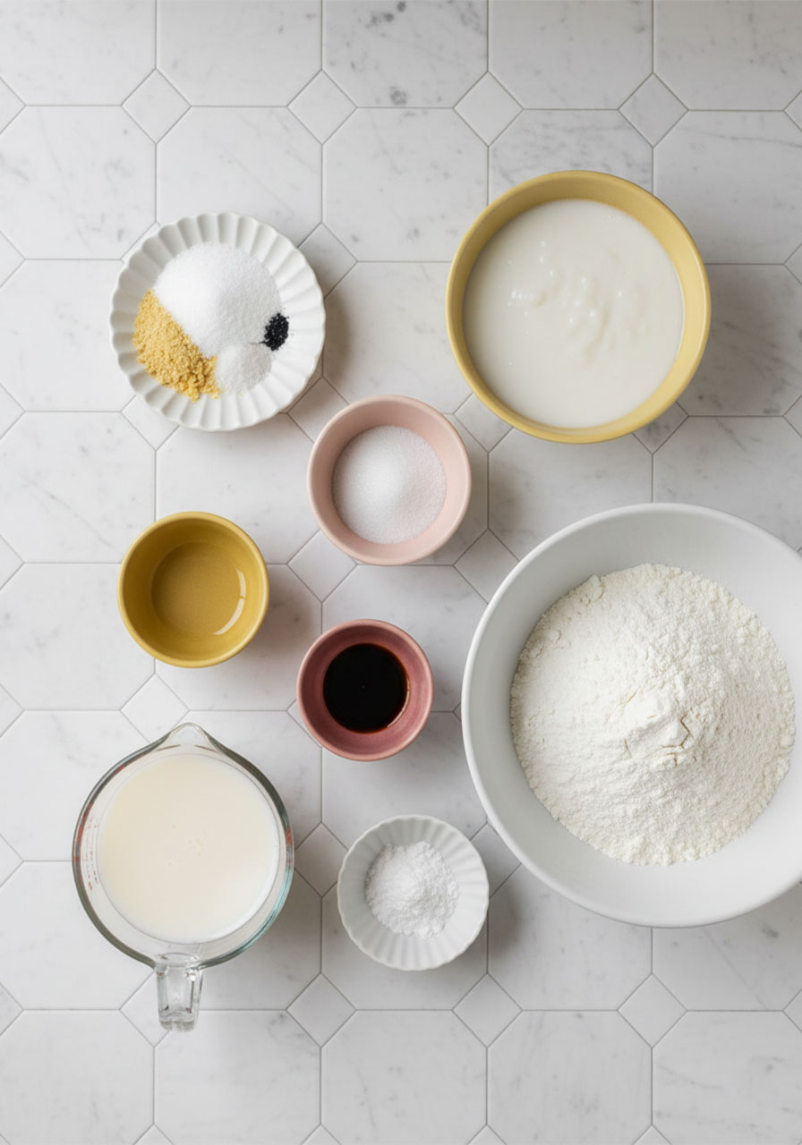 Overhead flat lay of all vegan Japanese pancake ingredients in small ceramic bowls on white marble surface including pastry flour, coconut milk, aquafaba, potato starch, and vanilla