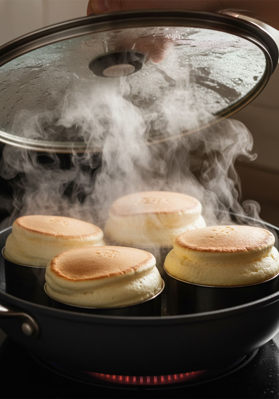 Fluffy vegan Japanese pancakes rising above ring molds inside covered skillet with steam, showing perfectly set tops ready to flip