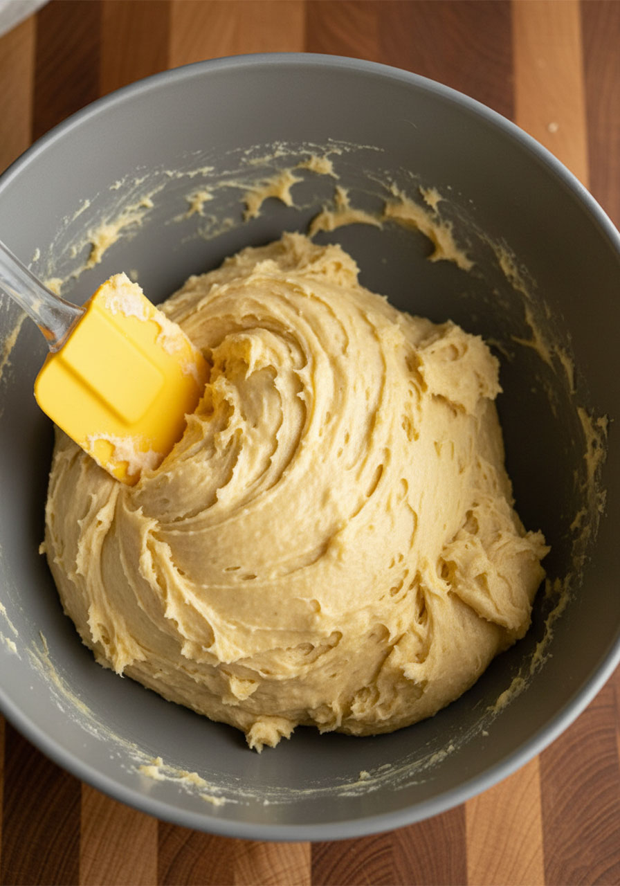 Thick pale yellow vegan lemon cookie dough in a grey mixing bowl before raspberries are folded in