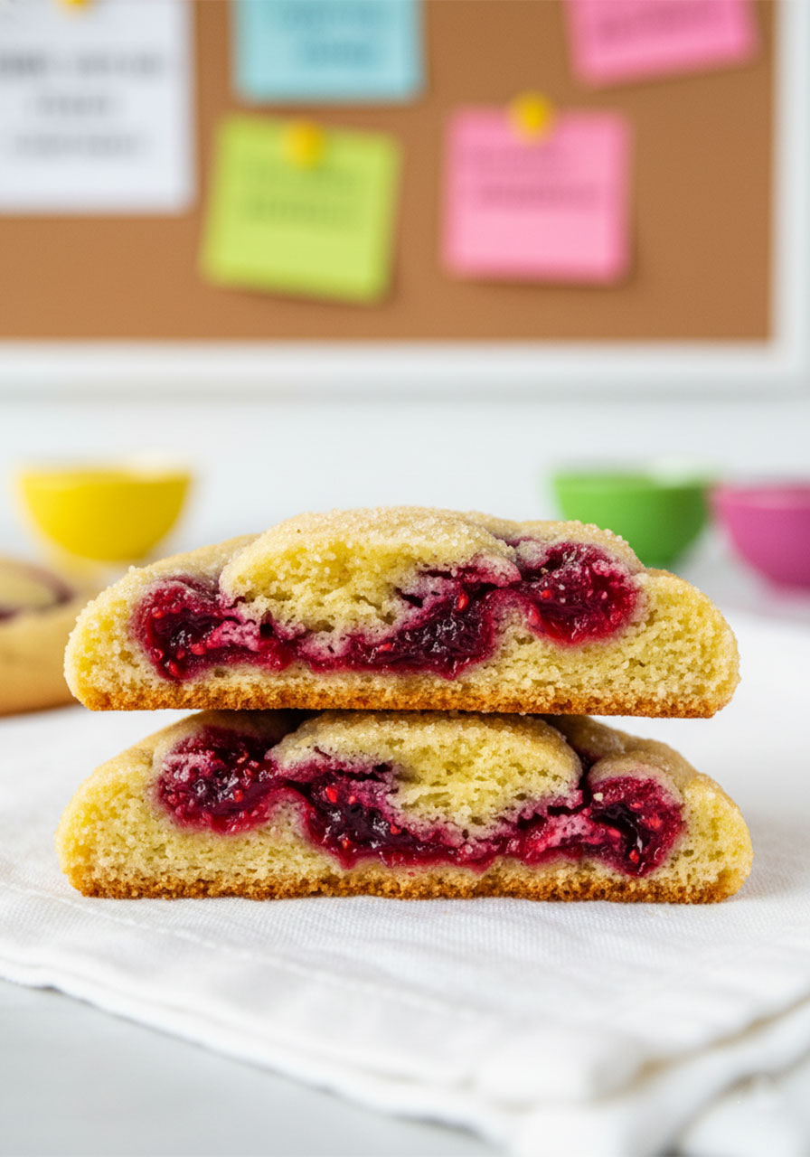 Vegan lemon raspberry cookie broken in half showing soft chewy interior with jammy raspberry pockets and golden cookie texture