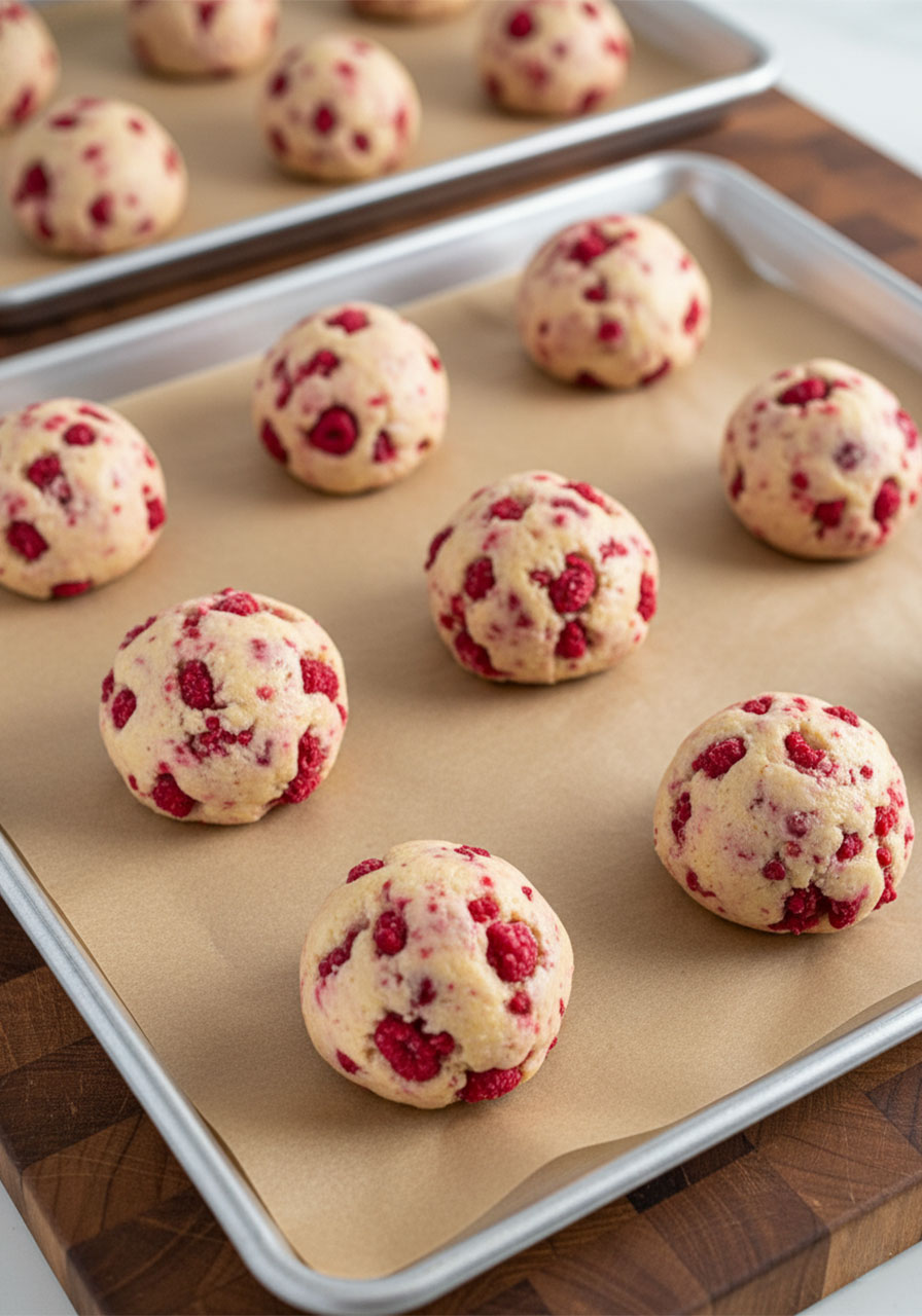 Eight scooped vegan lemon raspberry cookie dough balls on parchment-lined baking sheet spaced 3 inches apart ready to bake