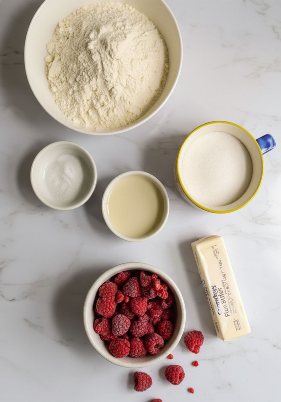 All 9 ingredients for vegan lemon raspberry cookies laid out flat on marble including frozen raspberries, vegan butter, lemon, and flour