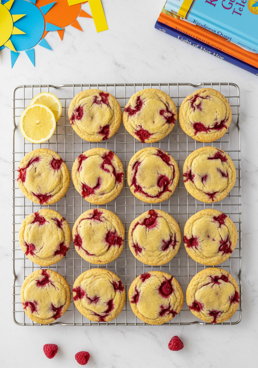 Full batch of 12 vegan lemon raspberry cookies cooling on a silver wire rack on white marble with lemon slices and raspberries