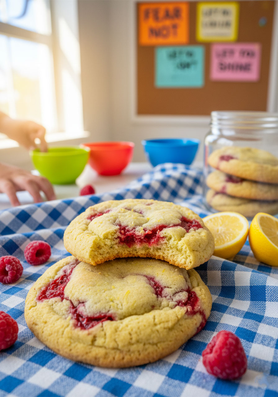 Soft vegan lemon raspberry cookies on white linen with a bite taken out showing chewy interior and jammy raspberry swirls