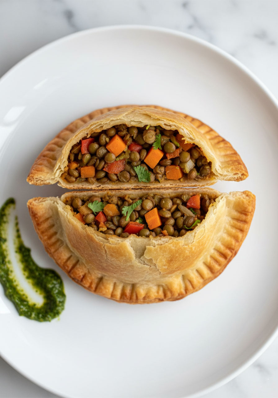 Vegan lentil empanada broken in half showing hearty lentil and vegetable filling inside flaky crust